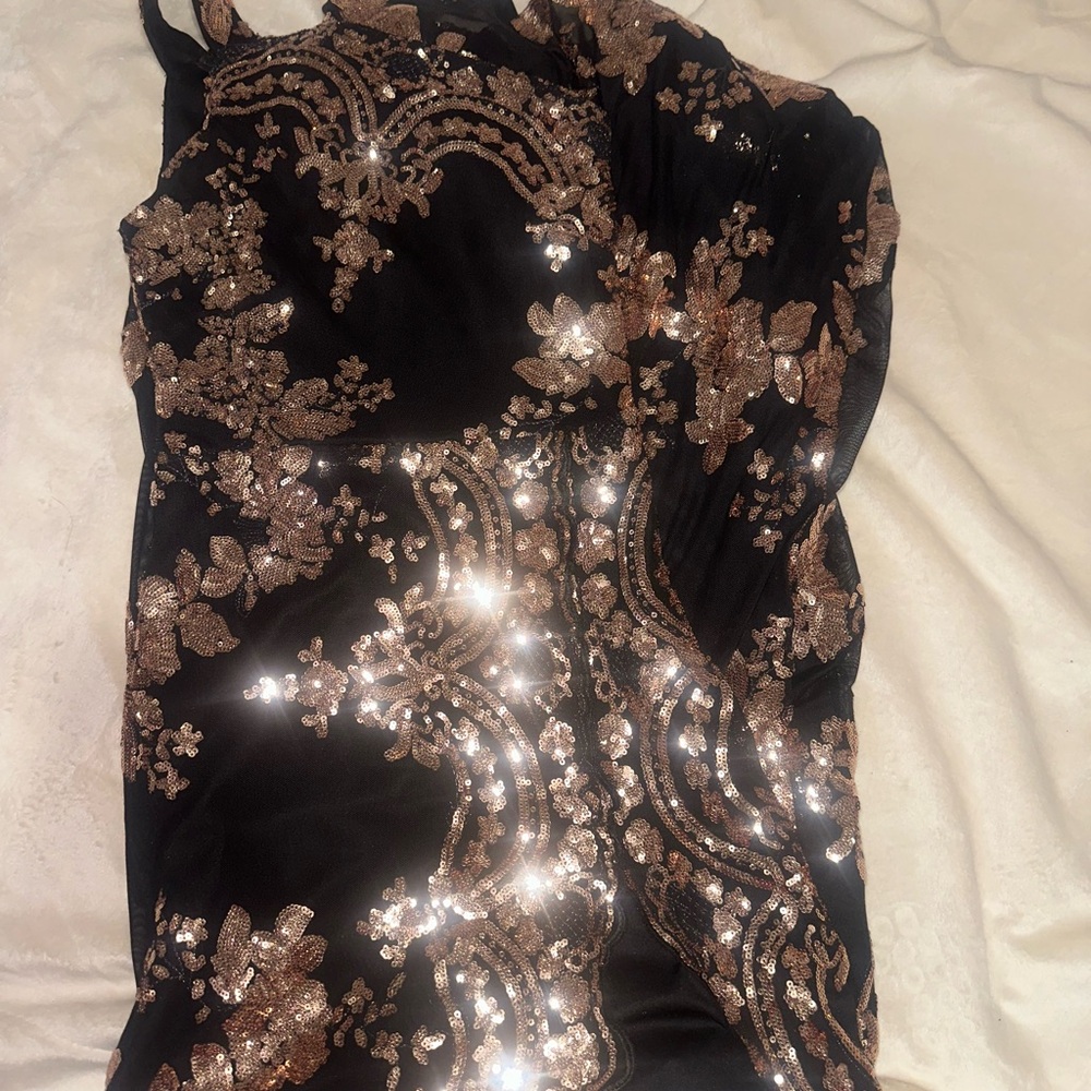 Fashion Nova Black and Rose Gold Sequin Prom Dress